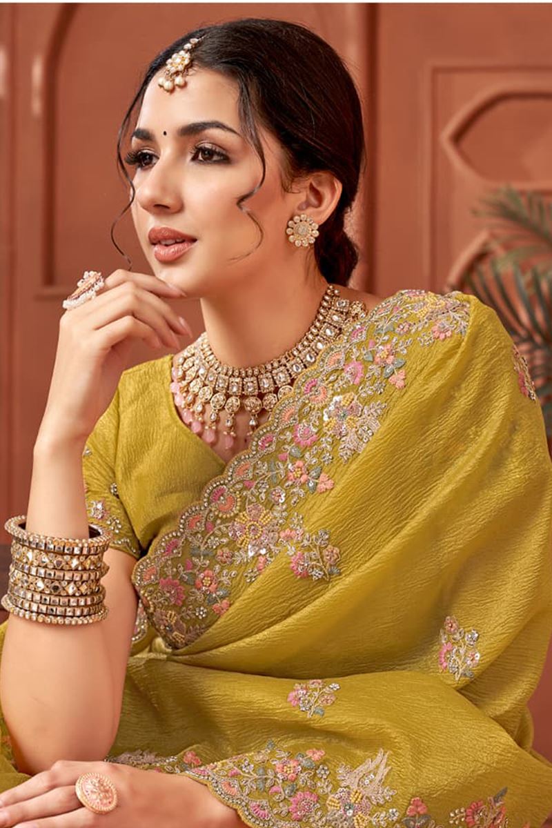 Smashing Crush Silk Designer Saree for Haldi, Wedding, and Reception