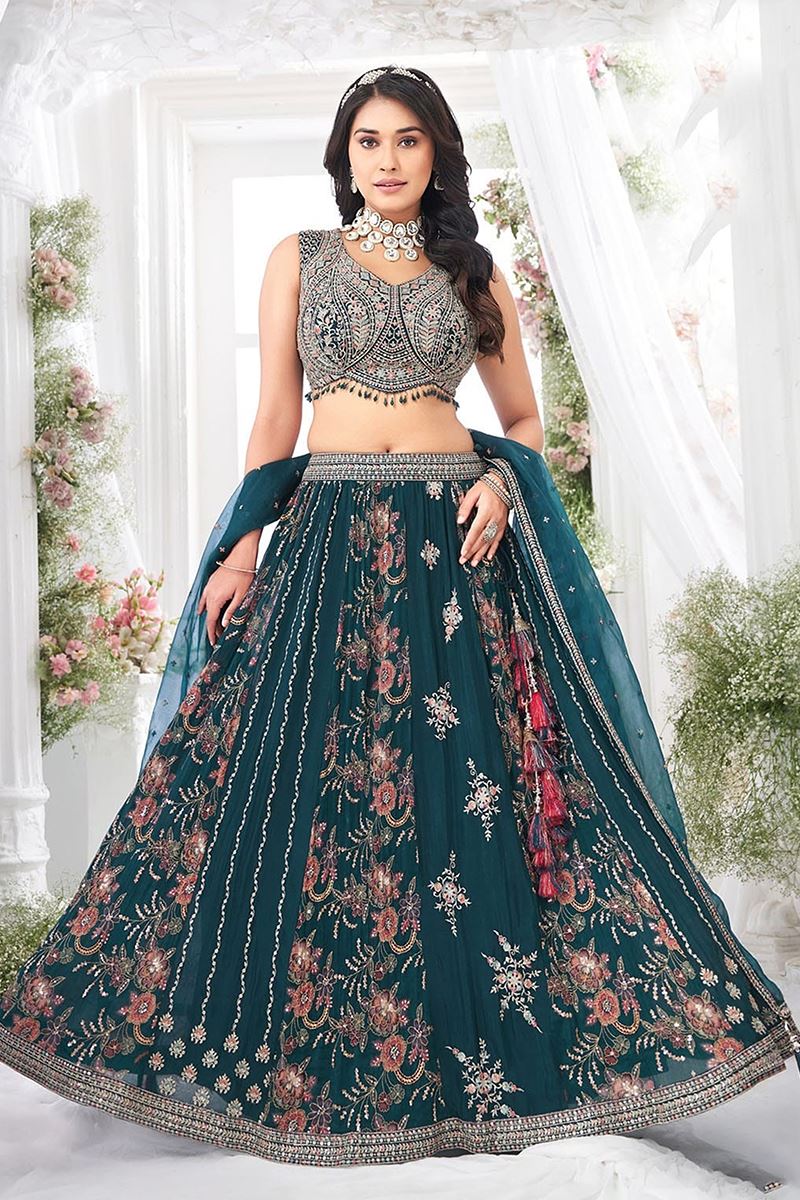 Artistic Teal Designer Indo-Western Lehenga Choli for Engagement, Reception, and Pre-Wedding Shoot