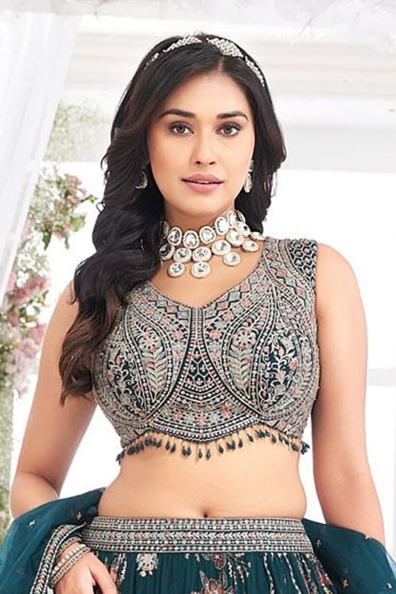 Artistic Teal Designer Indo-Western Lehenga Choli for Engagement, Reception, and Pre-Wedding Shoot