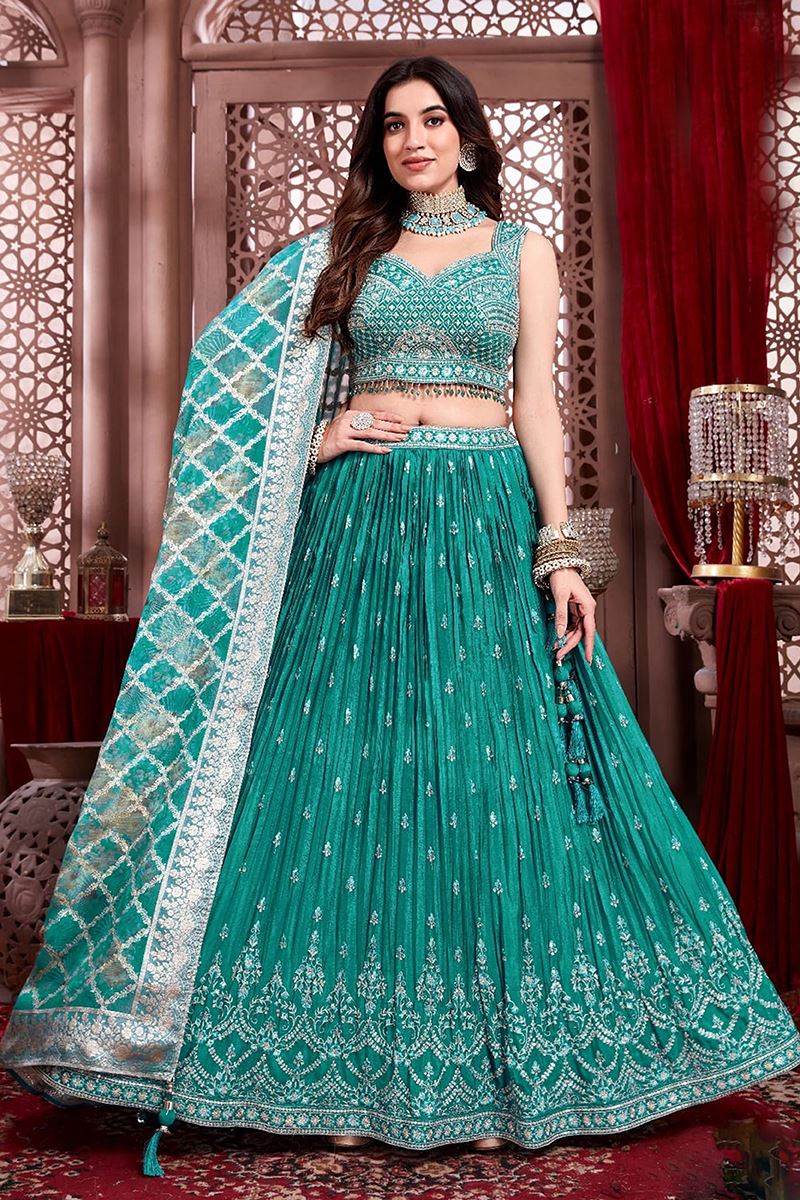 Exquisite Rama Designer Indo-Western Lehenga Choli for Engagement, Reception, and Mehendi