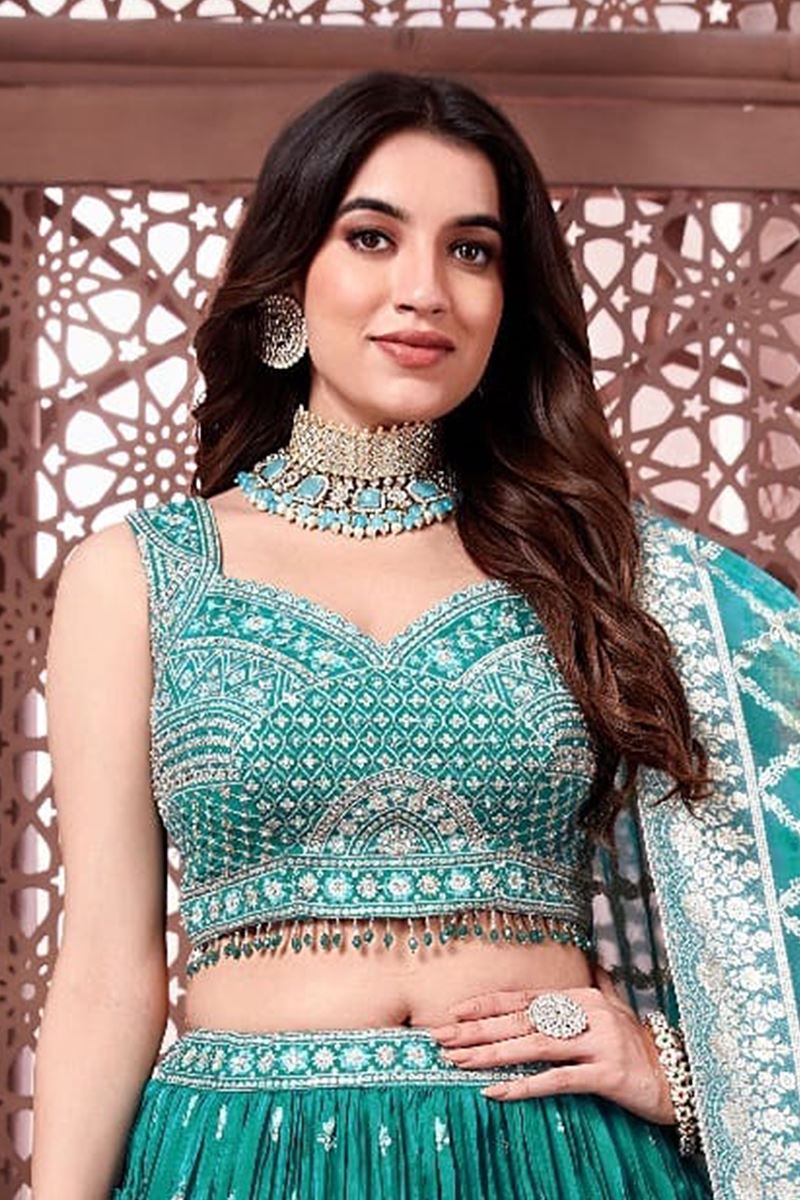 Exquisite Rama Designer Indo-Western Lehenga Choli for Engagement, Reception, and Mehendi