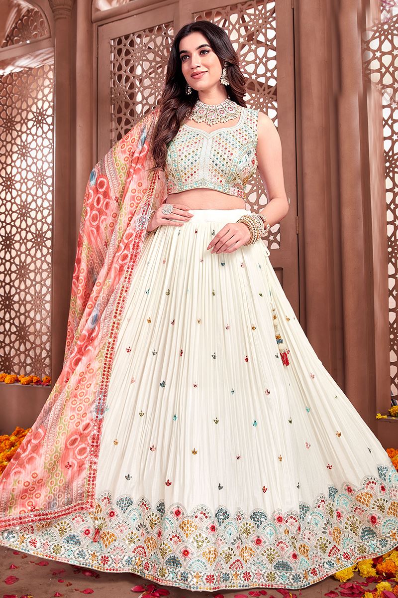 Glamorous Cream Designer Indo-Western Lehenga Choli for Engagement, Reception, and Sangeet