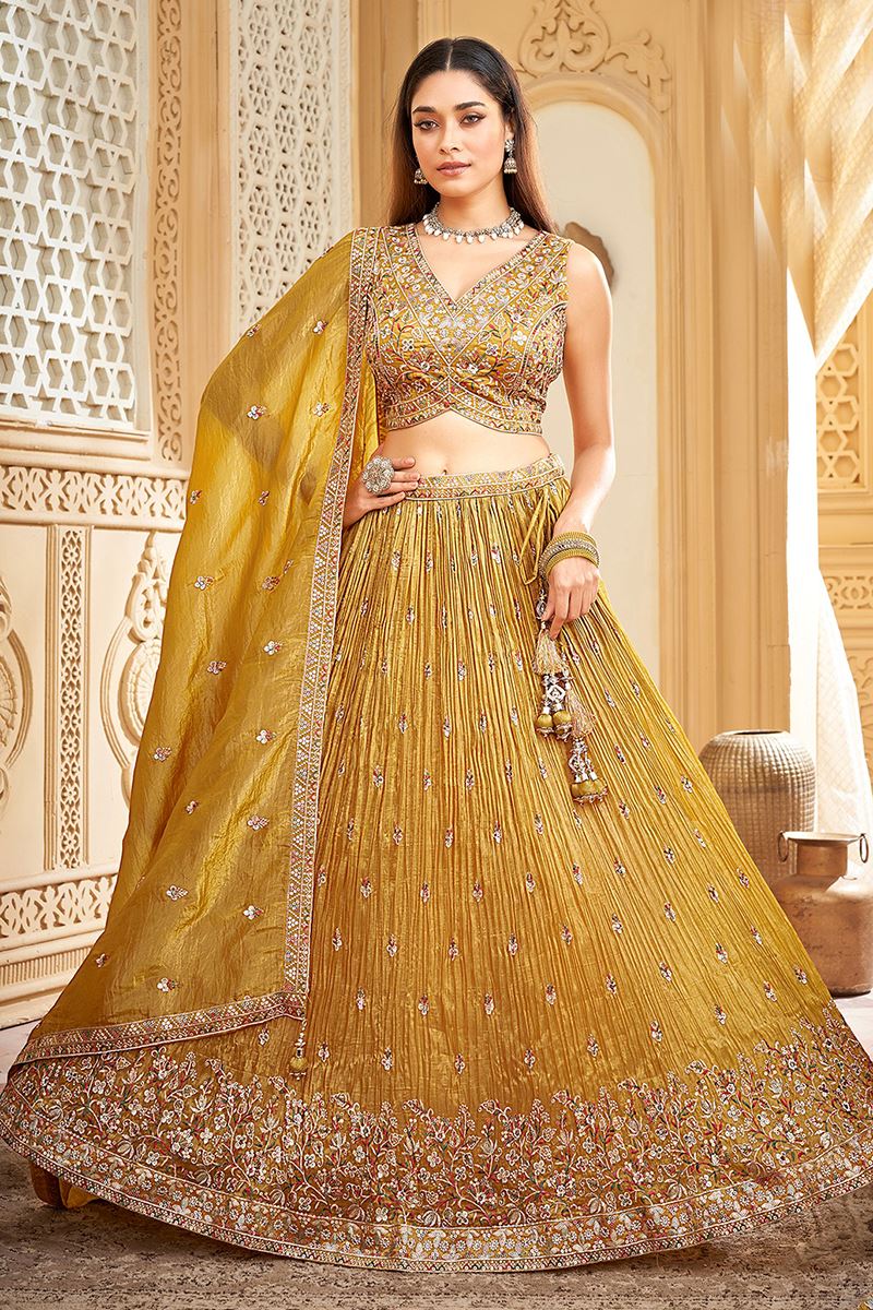 Classy Mustard Designer Indo-Western Lehenga Choli for Haldi, Reception, and Pre-Wedding Shoot
