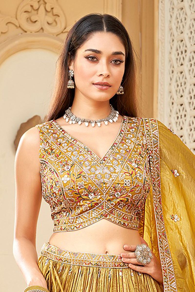 Classy Mustard Designer Indo-Western Lehenga Choli for Haldi, Reception, and Pre-Wedding Shoot