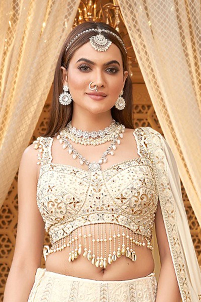Irresistible Cream Designer Indo-Western Lehenga Choli for Engagement, Reception, and Sangeet