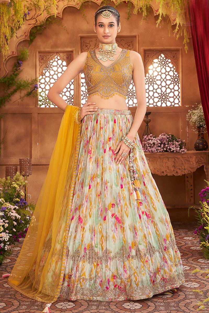 Appealing Chinnon and Silk Designer Indo-Western Lehenga Choli for Engagement, Reception, and Sangeet