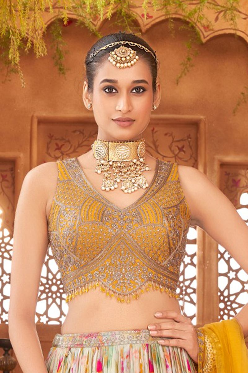 Appealing Chinnon and Silk Designer Indo-Western Lehenga Choli for Engagement, Reception, and Sangeet