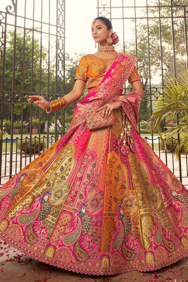Smashing Pink and Orange Designer Bridal Lehenga Choli for Wedding and Reception
