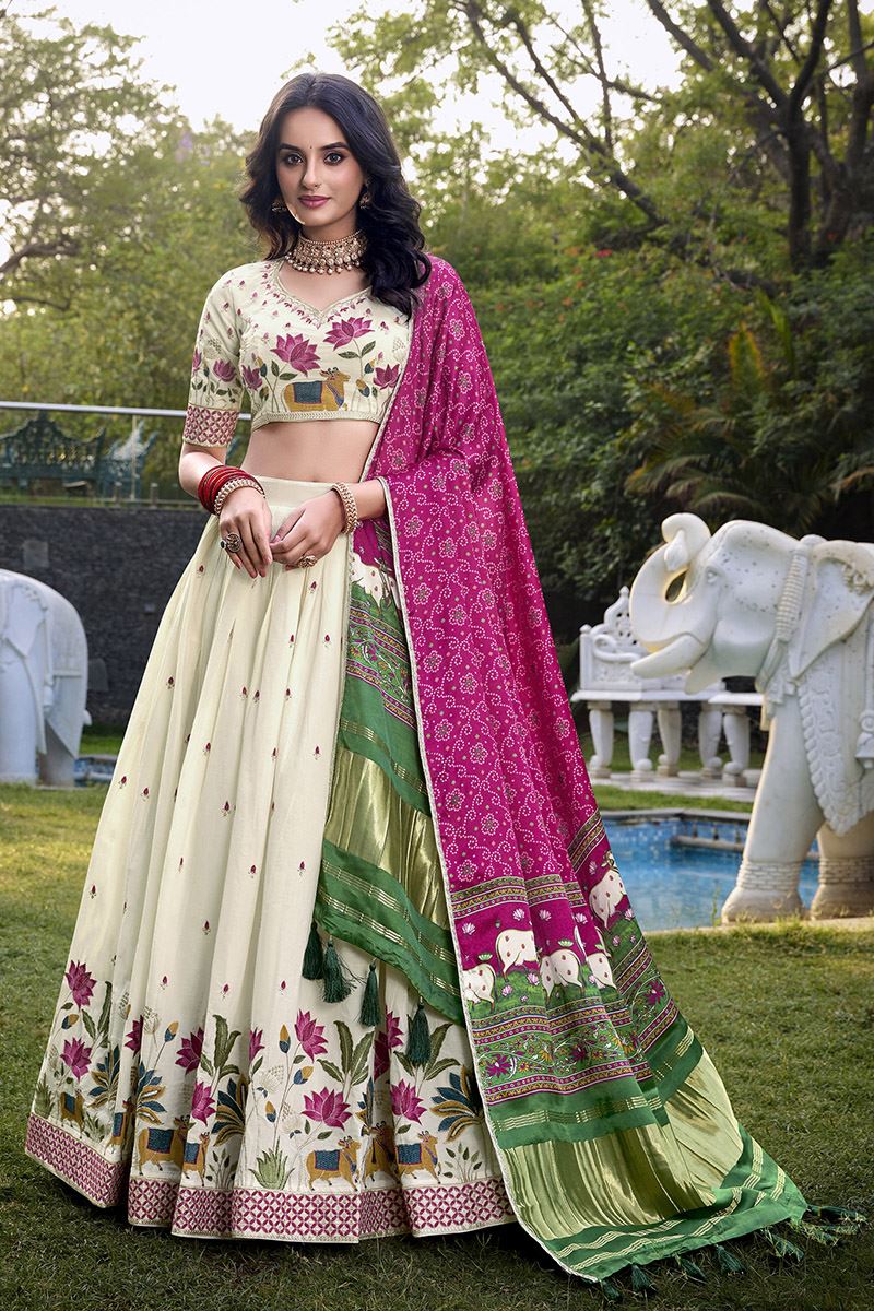 Impressive Off-White Designer Lehenga Choli for Festivals, Sangeet, and Parties