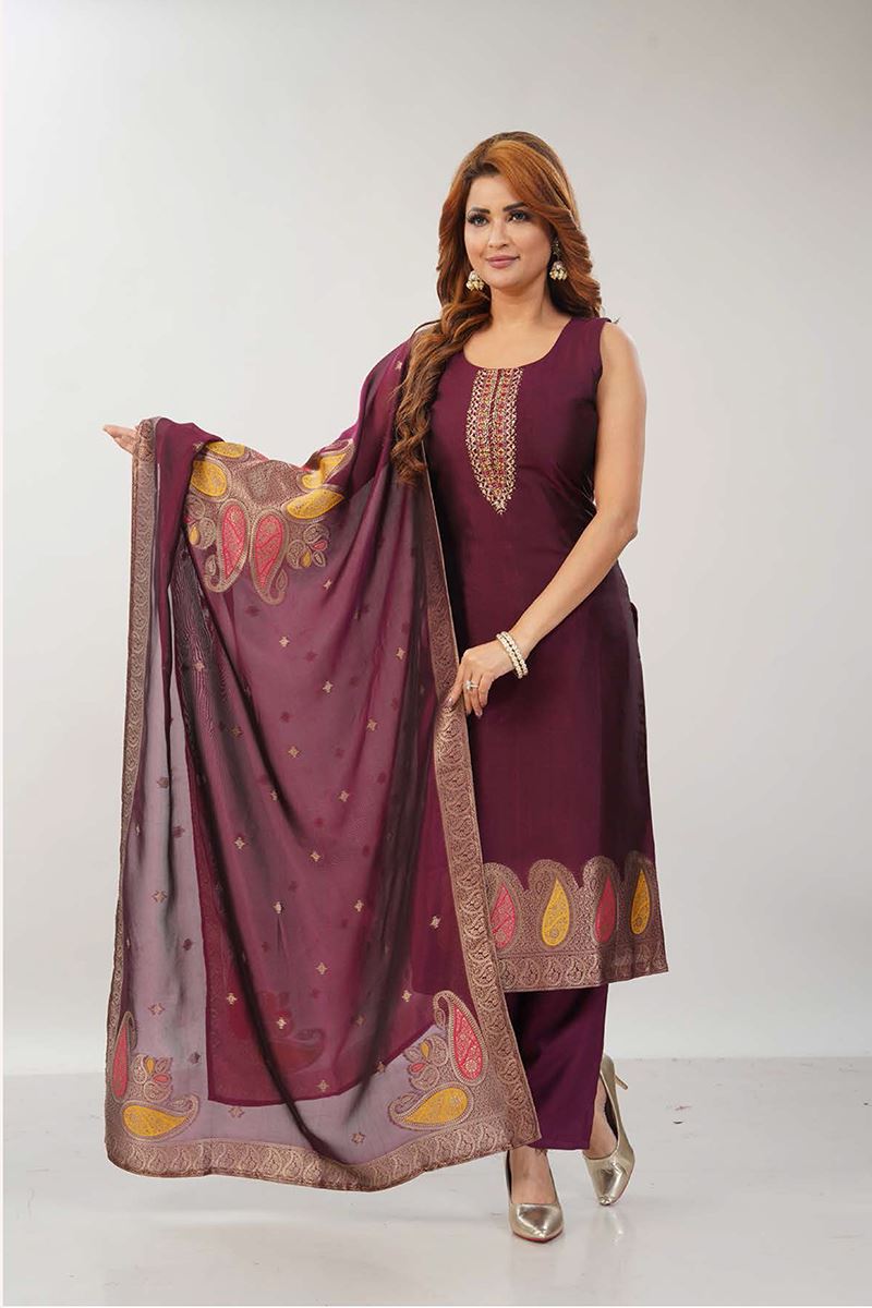 Charismatic Maroon Designer Straight Cut Suit for Festivals, Sangeet, and Parties