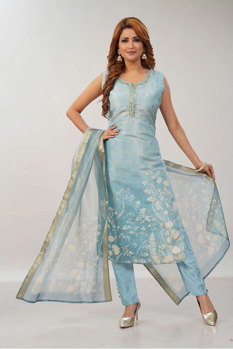 Alluring Sky Blue Designer Straight Cut Suit for Festivals, Sangeet, and Parties