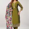 Smashing Olive Green Designer Straight Cut Suit for Mehendi, Sangeet, and Parties