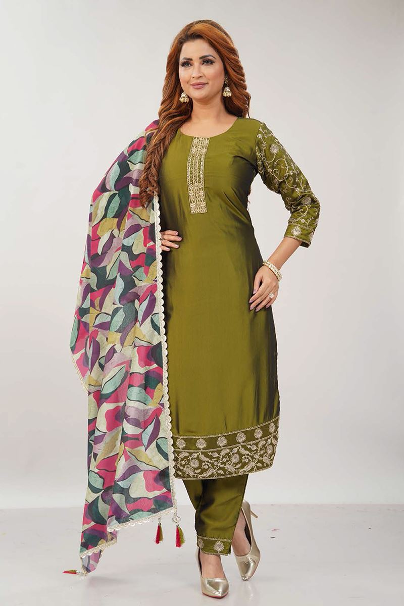 Smashing Olive Green Designer Straight Cut Suit for Mehendi, Sangeet, and Parties