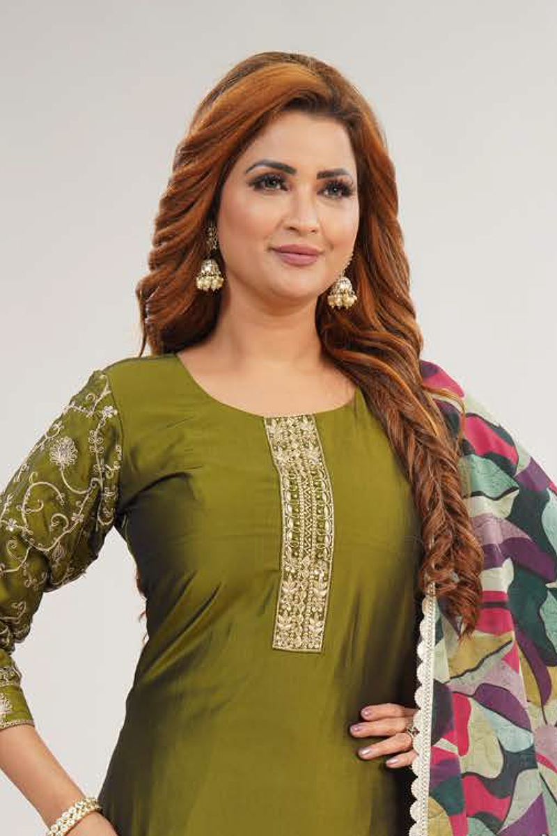 Smashing Olive Green Designer Straight Cut Suit for Mehendi, Sangeet, and Parties