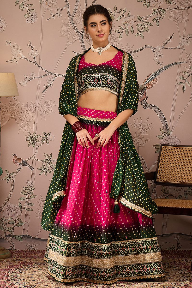 Mesmerizing Pink and Dark Green Designer Lehenga Choli for Navratri Festival, Sangeet, and Parties