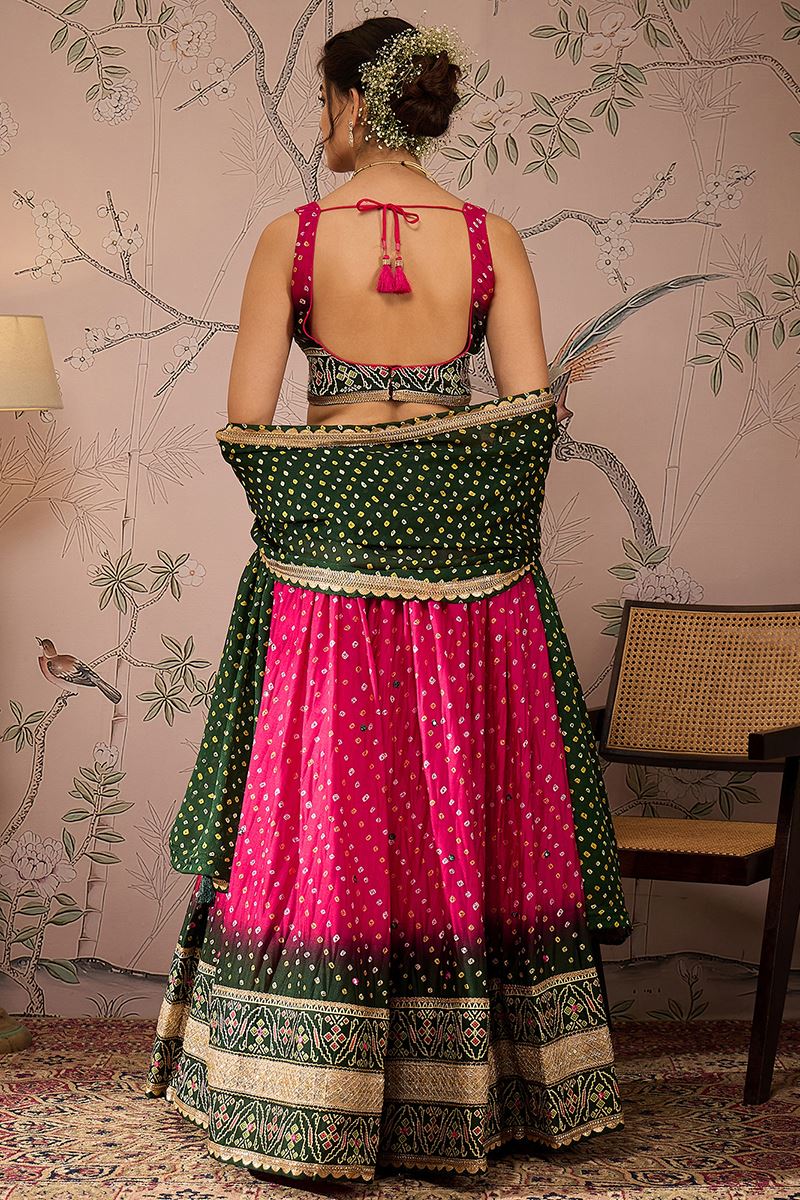 Mesmerizing Pink and Dark Green Designer Lehenga Choli for Navratri Festival, Sangeet, and Parties
