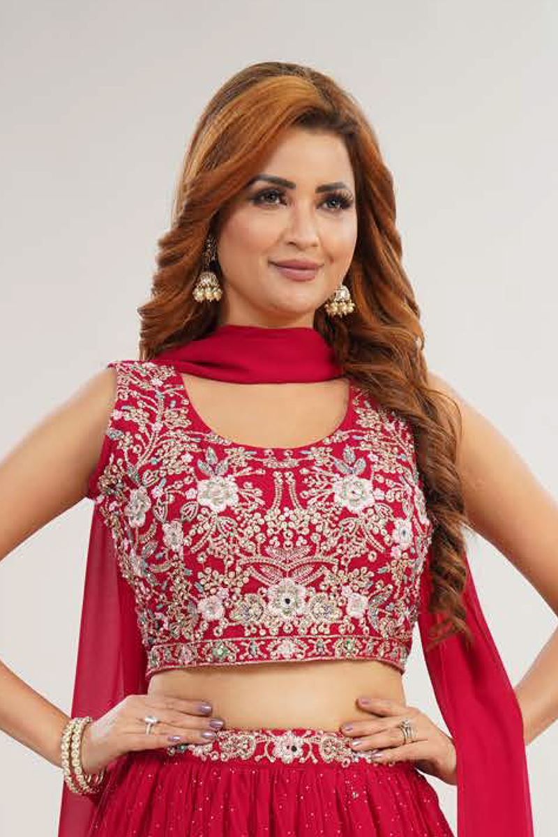 Appealing Red Designer Indo-Western Lehenga Choli for Wedding, Reception, and Parties
