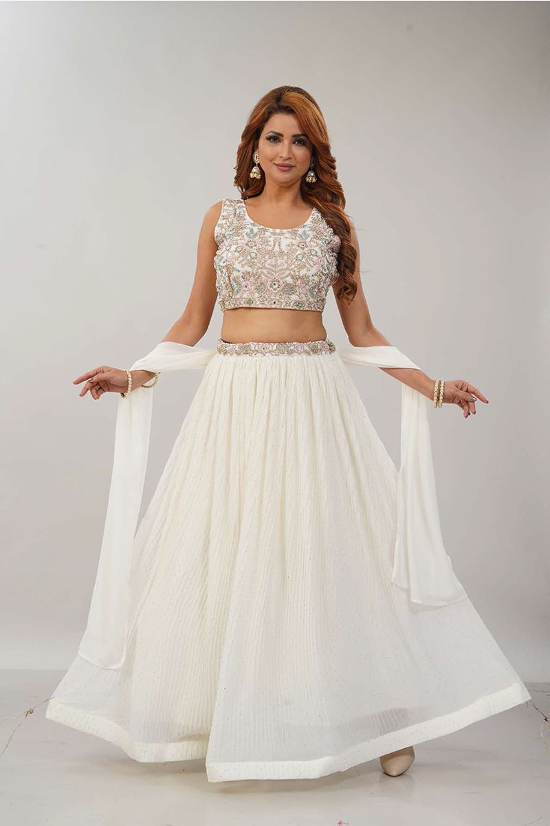 Flawless White Designer Indo-Western Lehenga Choli for Engagement, Sangeet, and Parties