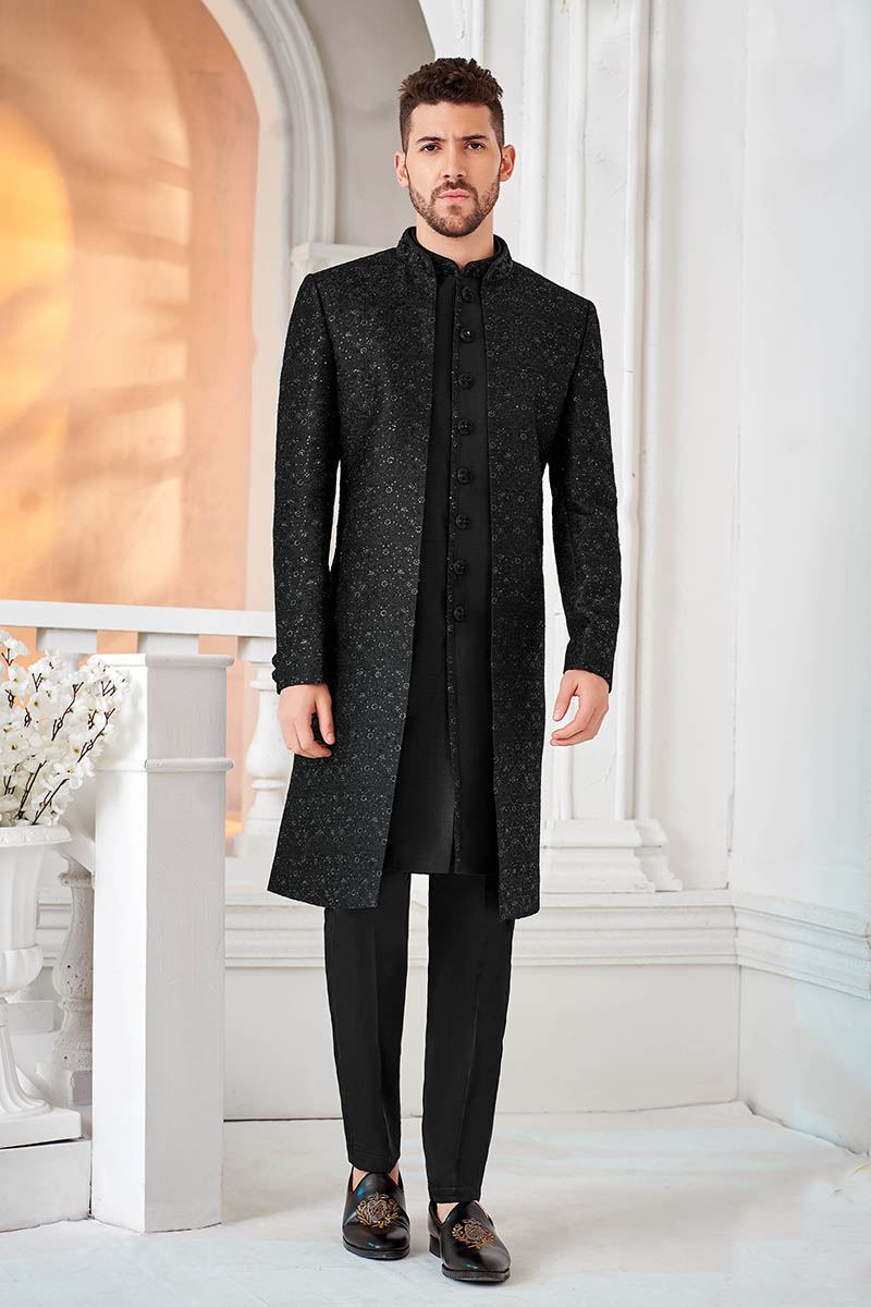 Classy Black Designer Men’s Indo-Western Sherwani for Engagement, Reception, and Sangeet