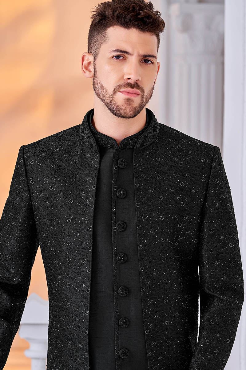 Classy Black Designer Men’s Indo-Western Sherwani for Engagement, Reception, and Sangeet