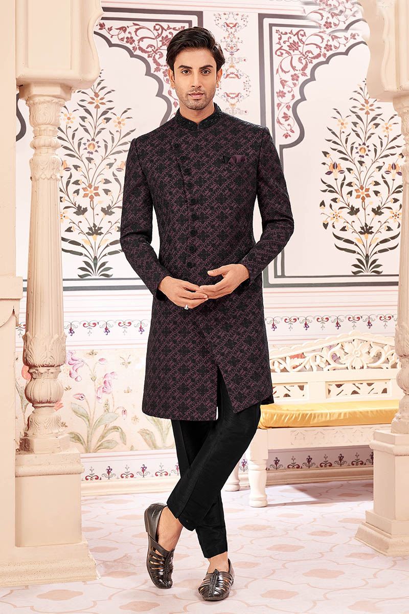 Exuberant Wine and Black Designer Men’s Indo-Western Sherwani for Engagement, Reception, and Sangeet