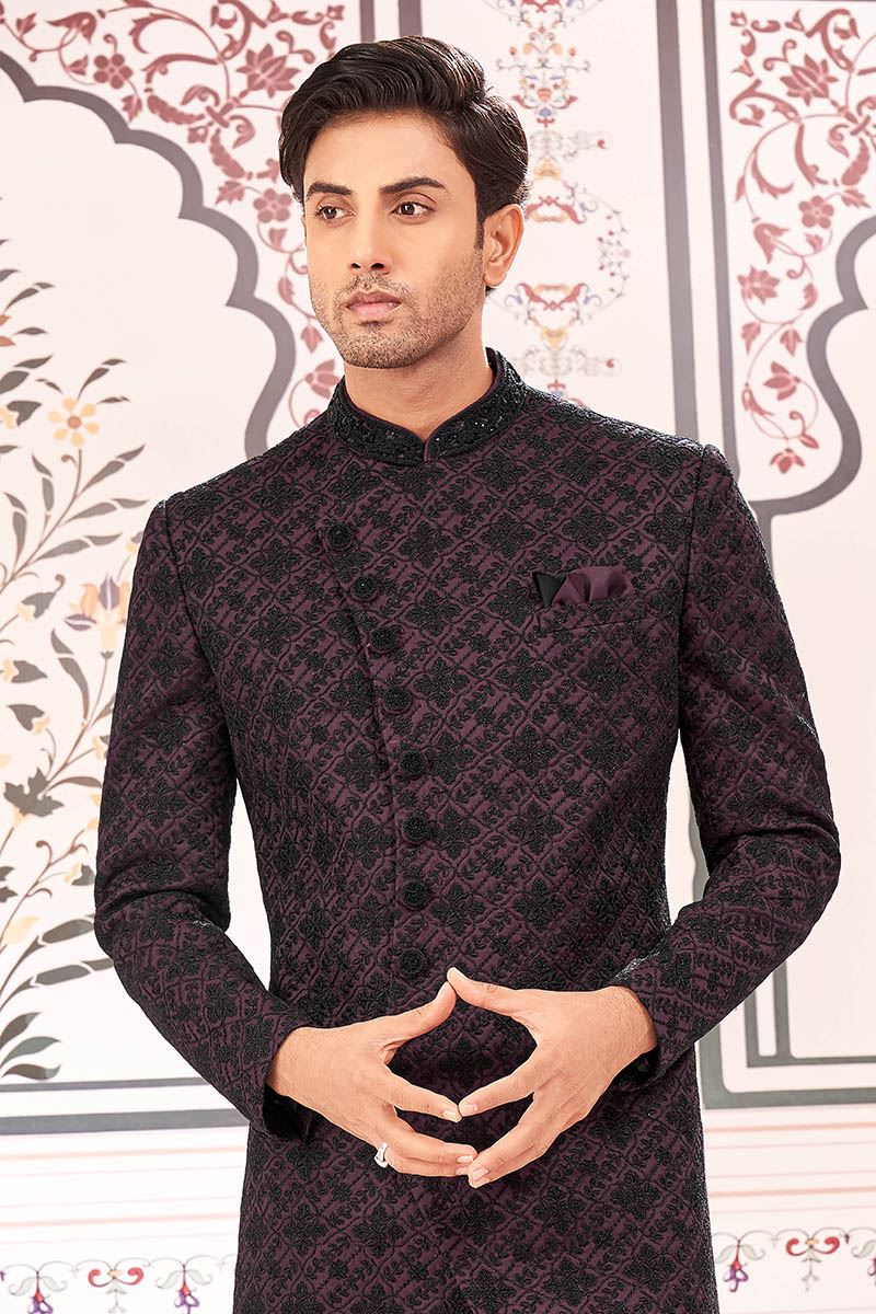 Exuberant Wine and Black Designer Men’s Indo-Western Sherwani for Engagement, Reception, and Sangeet