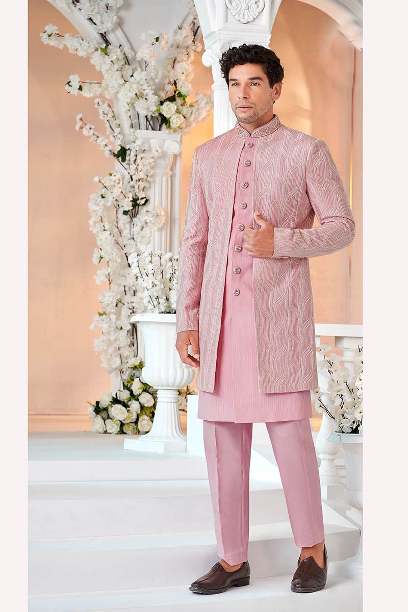 Charming Pink Designer Men’s Indo-Western Sherwani for Engagement, Reception, and Sangeet