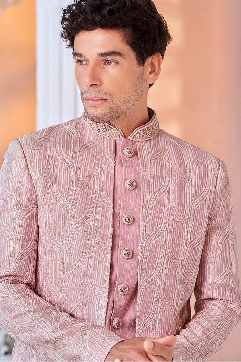 Charming Pink Designer Men’s Indo-Western Sherwani for Engagement, Reception, and Sangeet
