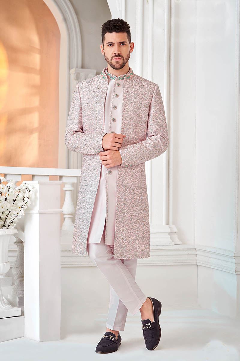 Exquisite Pink Designer Men’s Indo-Western Sherwani for Engagement, Reception, and Sangeet