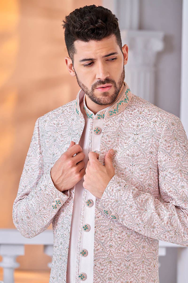 Exquisite Pink Designer Men’s Indo-Western Sherwani for Engagement, Reception, and Sangeet