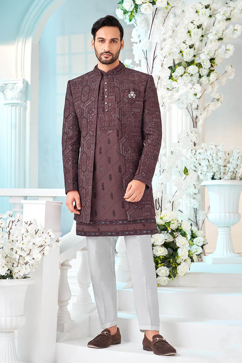 Delightful Wine Designer Men’s Indo-Western Sherwani for Engagement, Reception, and Sangeet