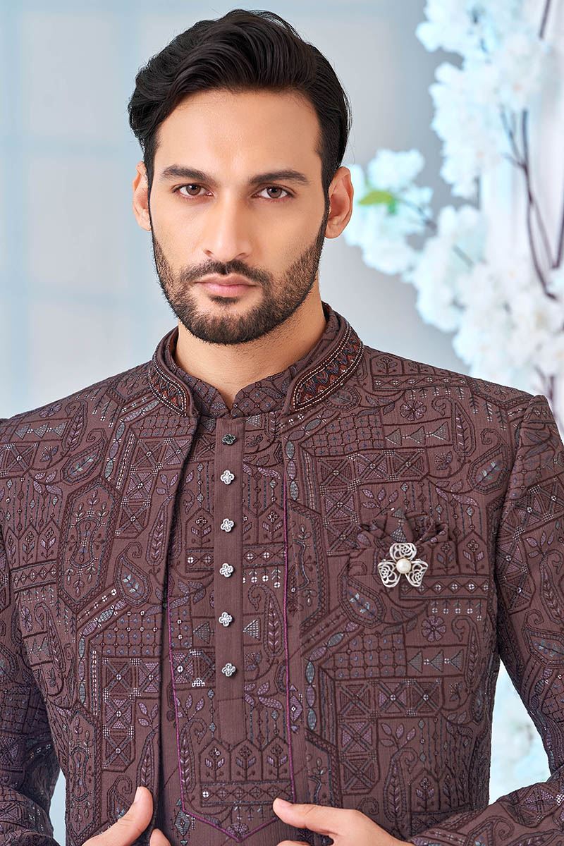 Delightful Wine Designer Men’s Indo-Western Sherwani for Engagement, Reception, and Sangeet