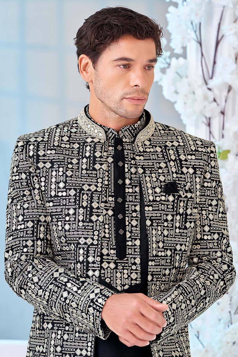 Magnificent Cream and Black Designer Men’s Indo-Western Sherwani for Engagement, Reception, and Sangeet