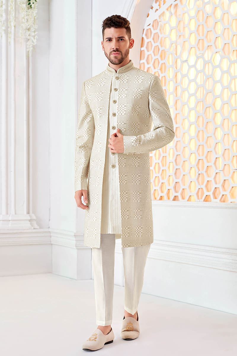 Appealing Cream Designer Men’s Indo-Western Sherwani for Engagement, Reception, and Sangeet