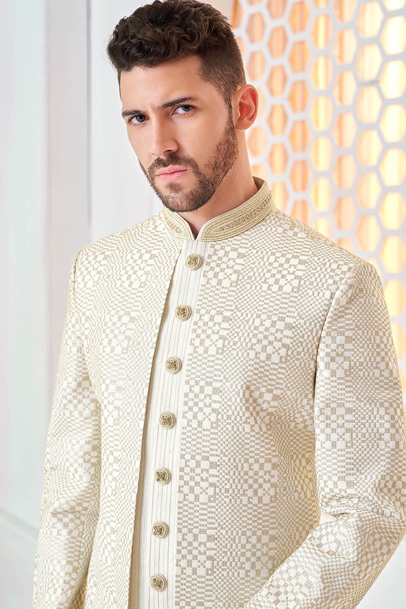 Appealing Cream Designer Men’s Indo-Western Sherwani for Engagement, Reception, and Sangeet