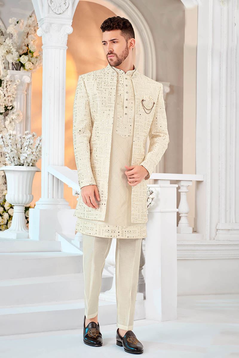 Charismatic Cream Designer Men’s Indo-Western Sherwani for Engagement, Reception, and Sangeet