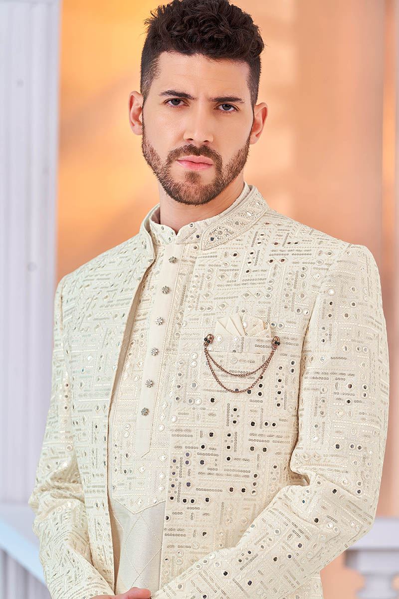 Charismatic Cream Designer Men’s Indo-Western Sherwani for Engagement, Reception, and Sangeet
