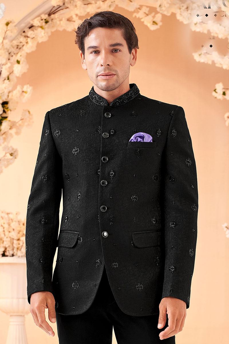 Stylish Black Designer Men’s Indo-Western Bandhgala for Engagement, Reception, and Sangeet
