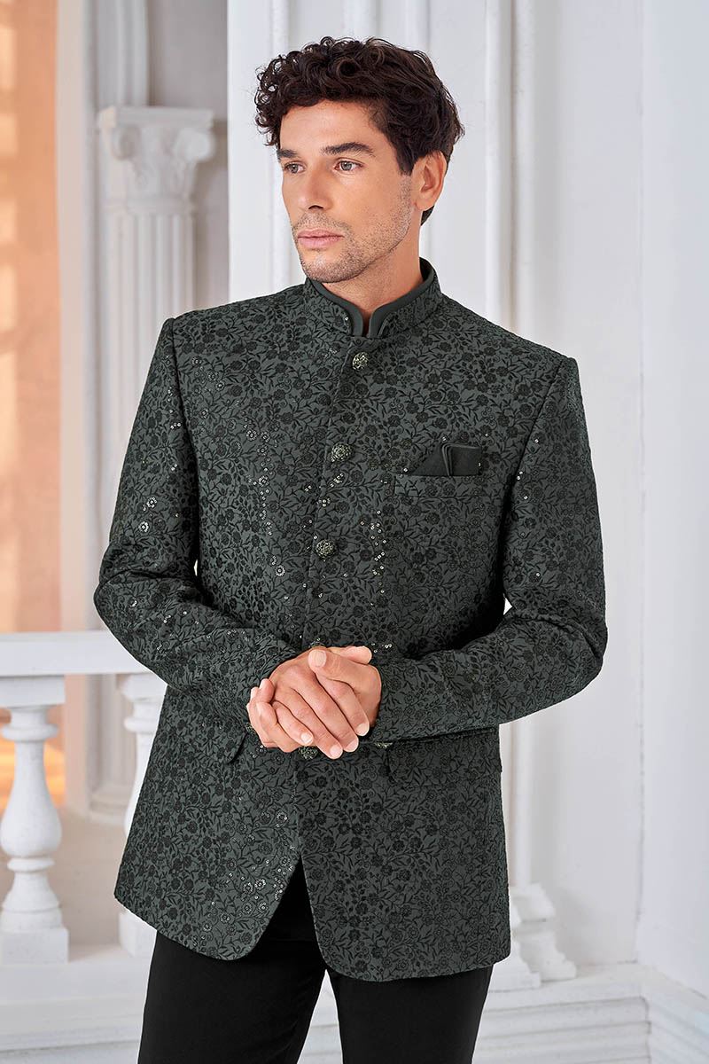 Dashing Grey and Black Designer Men’s Bandhgala for Engagement, Reception, and Sangeet