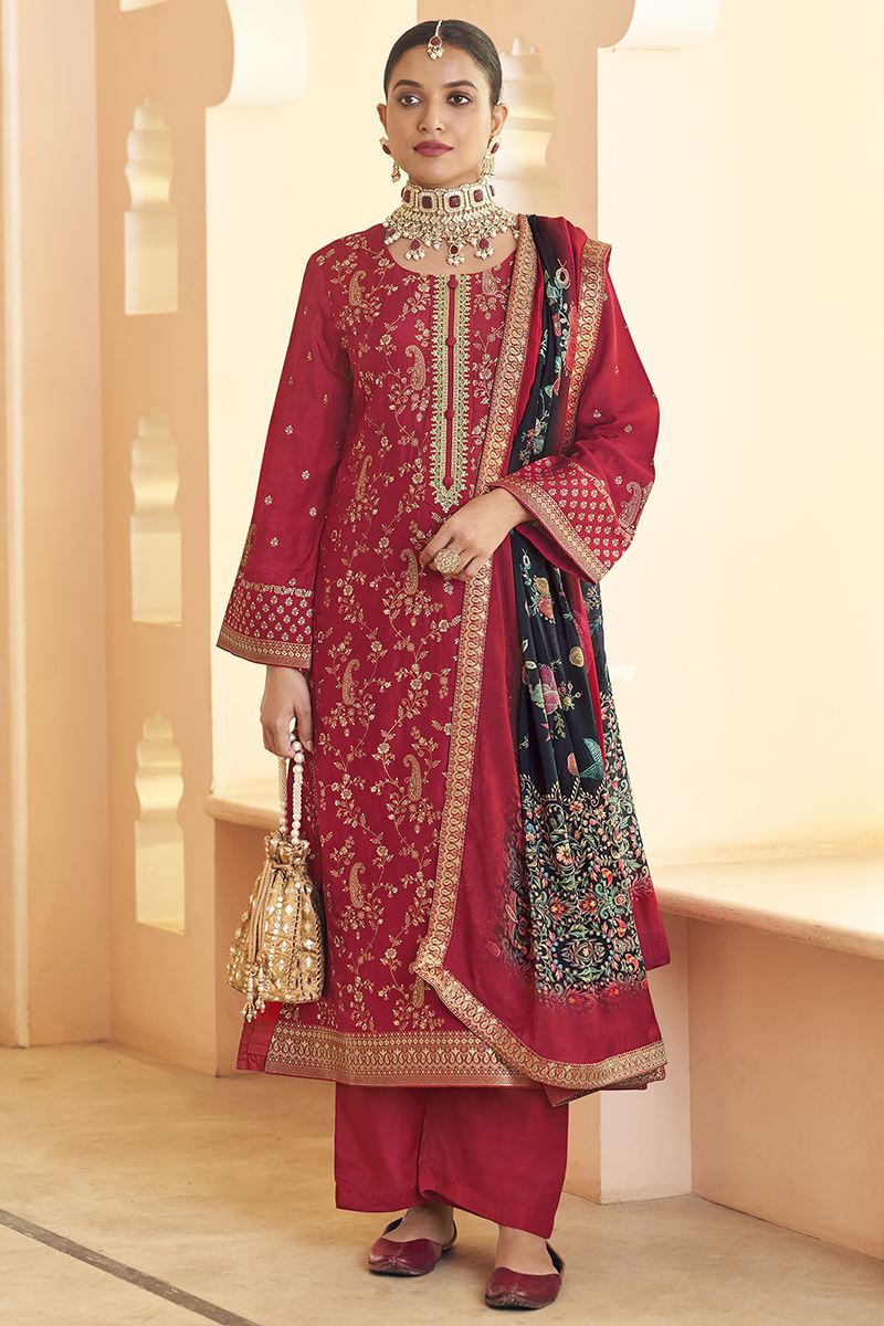 Charming Dola Silk Jacquard Designer Straight Cut Suit for Festivals, Sangeet, and Parties (Unstitched suit)