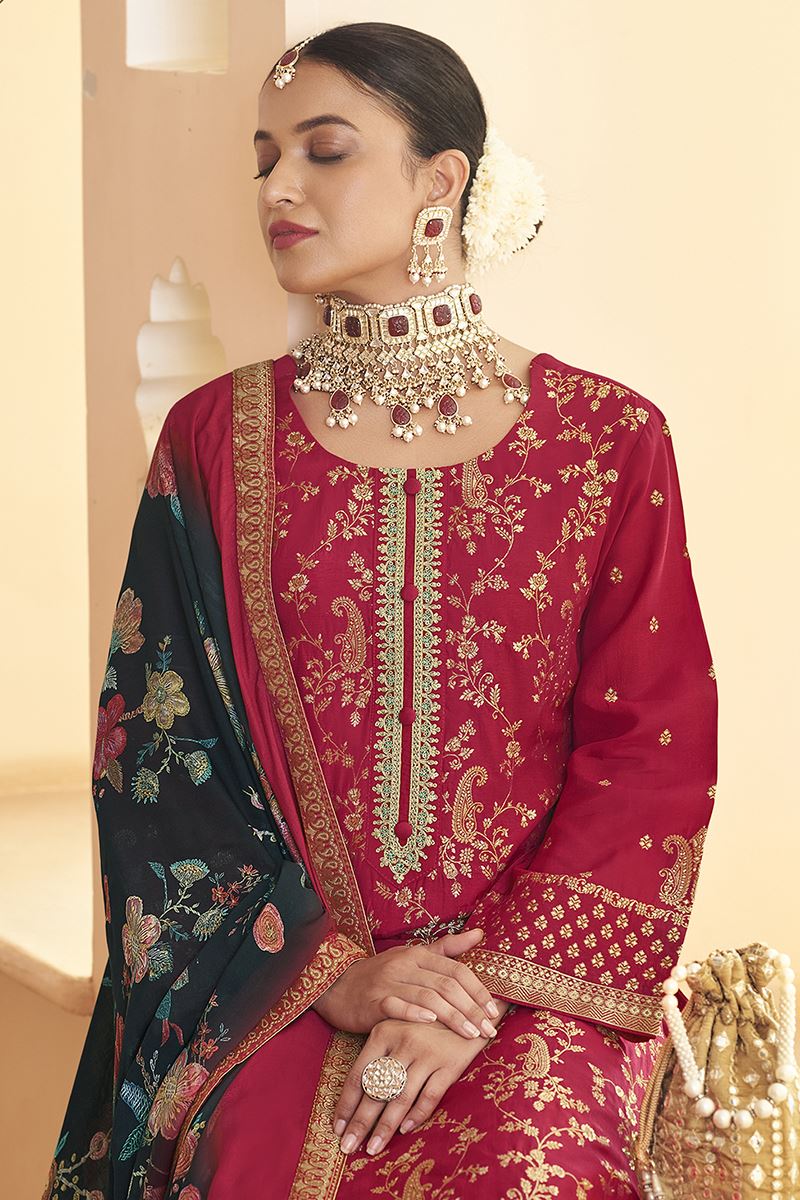 Charming Dola Silk Jacquard Designer Straight Cut Suit for Festivals, Sangeet, and Parties (Unstitched suit)