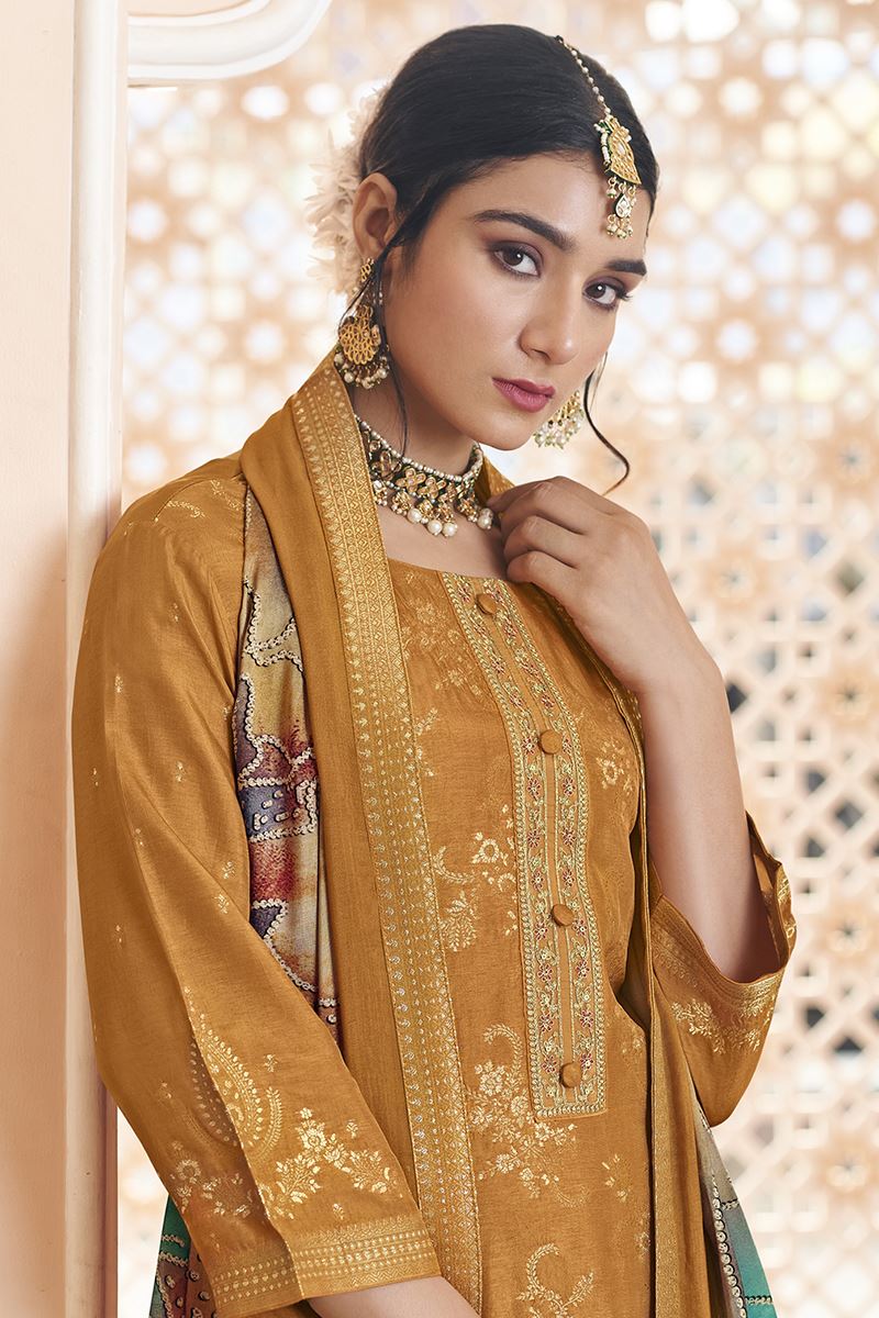 Exuberant Dola Silk Jacquard Designer Straight Cut Suit for Haldi, Sangeet, and Parties (Unstitched suit)