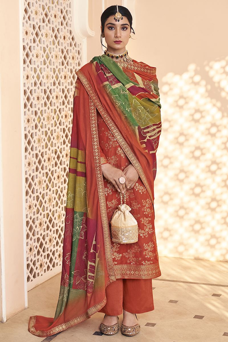 Appealing Dola Silk Jacquard Designer Straight Cut Suit for Festivals, Sangeet, and Parties (Unstitched suit)