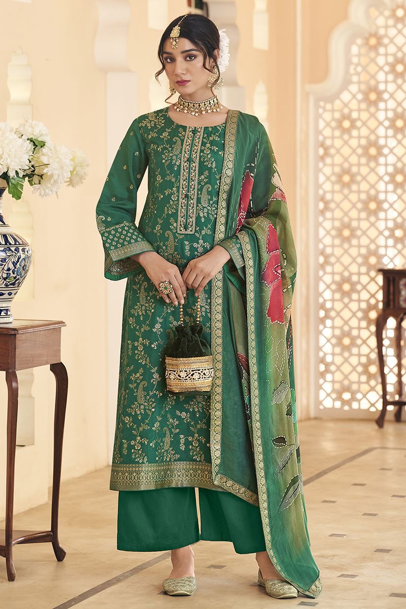 Flawless Dola Silk Jacquard Designer Straight Cut Suit for Mehendi, Sangeet, and Parties (Unstitched suit)
