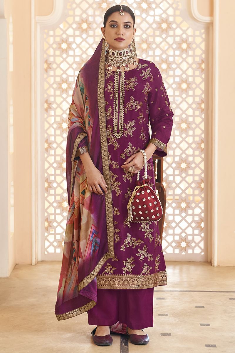 Divine Dola Silk Jacquard Designer Straight Cut Suit for Festivals, Sangeet, and Parties (Unstitched suit)