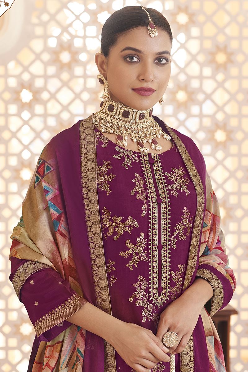 Divine Dola Silk Jacquard Designer Straight Cut Suit for Festivals, Sangeet, and Parties (Unstitched suit)