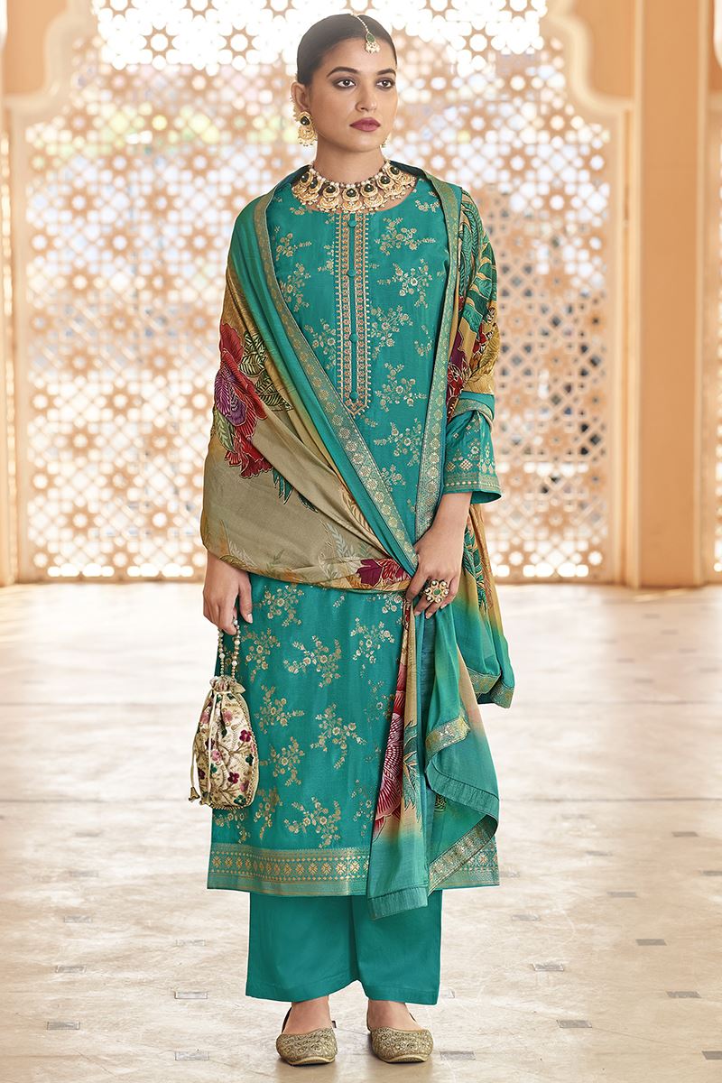 Astounding Dola Silk Jacquard Designer Straight Cut Suit for Festivals, Sangeet, and Parties (Unstitched suit)
