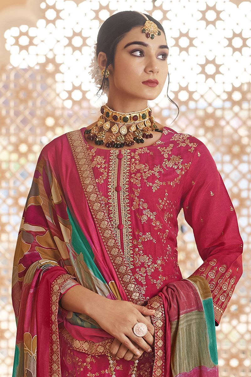 Impressive Dola Silk Jacquard Designer Straight Cut Suit for Festivals, Sangeet, and Parties (Unstitched suit)
