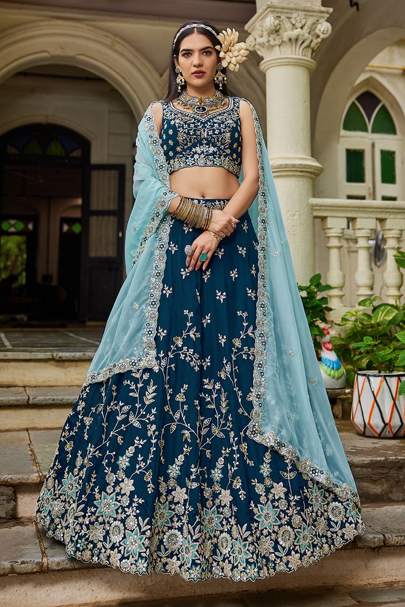 Ethnic Navy Blue Designer Indo-Western Lehenga Choli for Engagement, Reception, and Sangeet