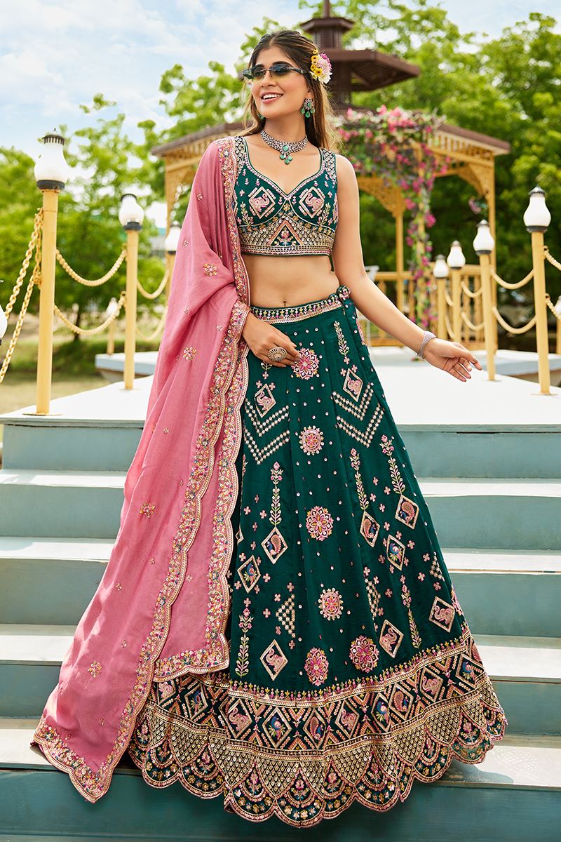 Pretty Green Designer Indo-Western Lehenga Choli for Mehendi, Engagement, and Reception